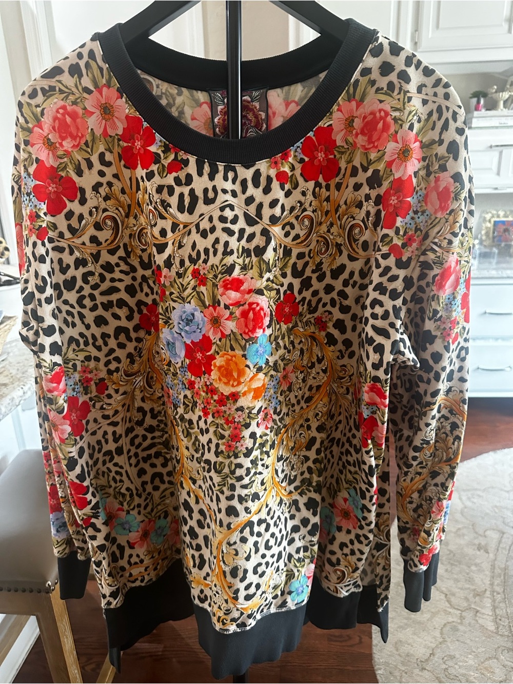 Johnny Was Floral Leopard Crewneck Sweatshirt - Cream, Black, Red, Blue